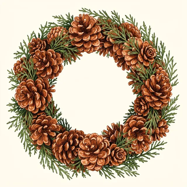 A gouache illustration of a circular wreath made of brown pine cones and green cedar sprigs on a plain cream background with