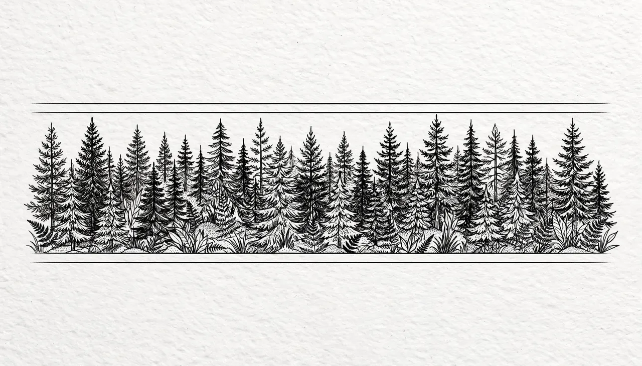Black ink line art of a dense pine forest band framed by thin horizontal lines on textured white paper