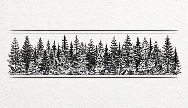 Black ink line art of a dense pine forest band framed by thin horizontal lines on textured white paper