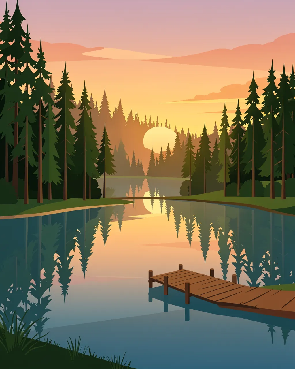 Flat vector landscape of a calm pine forest lake with a wooden dock at warm pastel sunrise