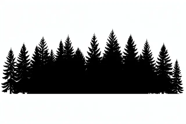Solid black dense pine forest treeline silhouette centered on a plain white background
