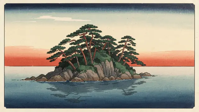 Japanese woodblock print of a pine-covered rocky island in a calm sea at sunrise