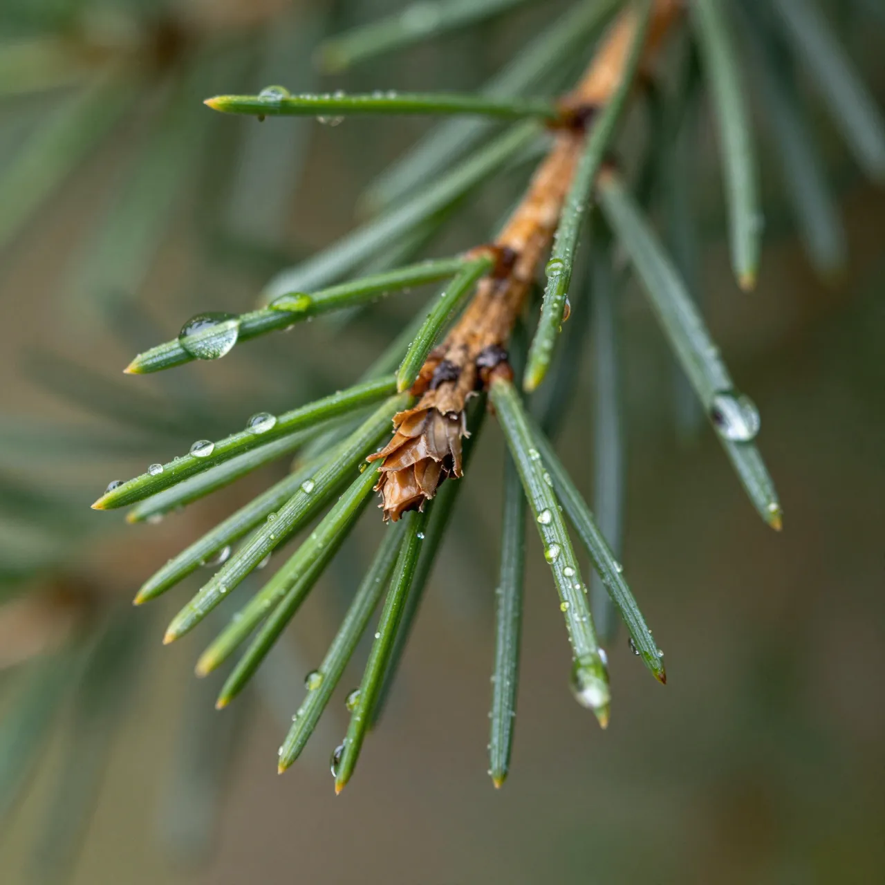 Close up macro view of pine needles dotted with clear raindrops attached to a conifer branch