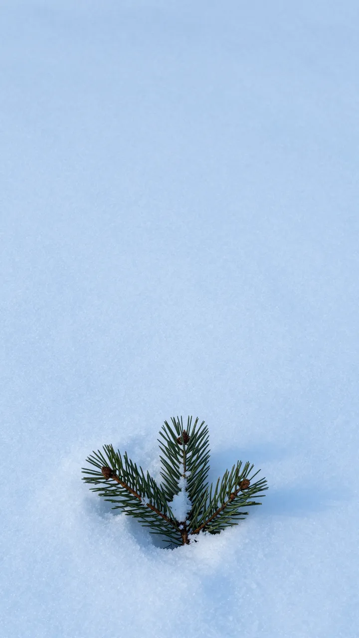 A small pine sprig rests at the bottom of a frame of smooth fresh powder snow with empty space above.