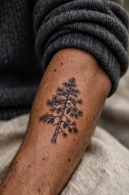 Close up of a detailed pine tree tattoo on a forearm with a pushed back charcoal knit sweater sleeve