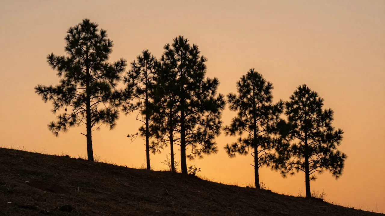 Silhouetted pine trees stand along a sloped ridge against a warm orange sunset sky