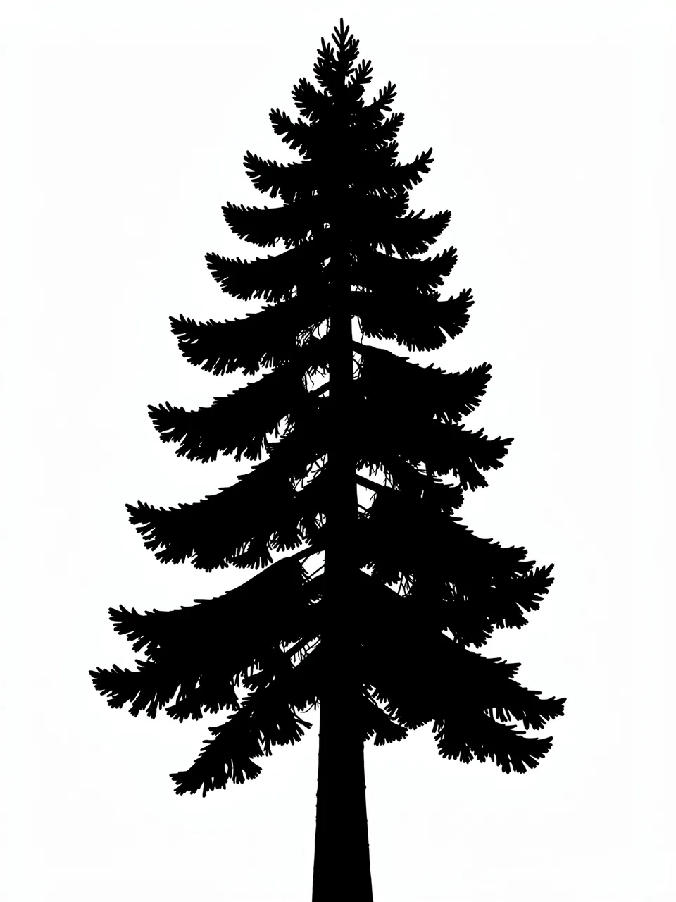 Solid black tall pine tree silhouette with layered branches on a plain white background