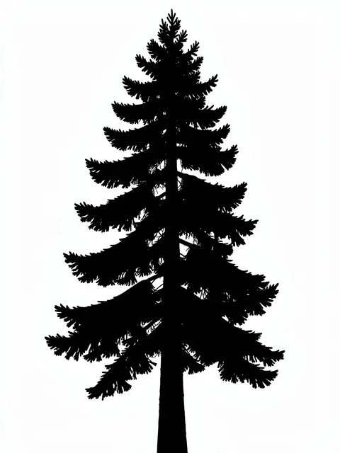 Solid black tall pine tree silhouette with layered branches on a plain white background