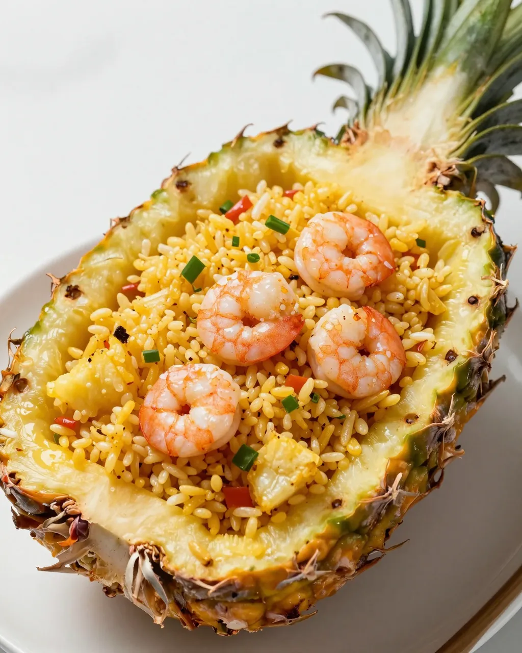 Shrimp pineapple fried rice served inside a hollowed pineapple half resting on a white plate