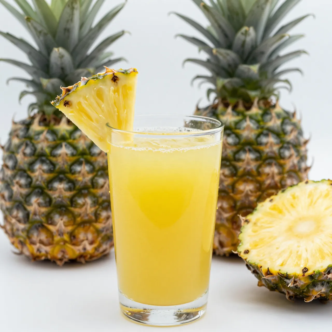 A glass of yellow pineapple juice garnished with a pineapple wedge, surrounded by whole and halved pineapples on a light