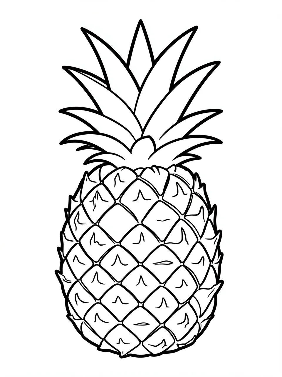 Bold black and white line drawing of a pineapple with spiky top leaves on a plain white background