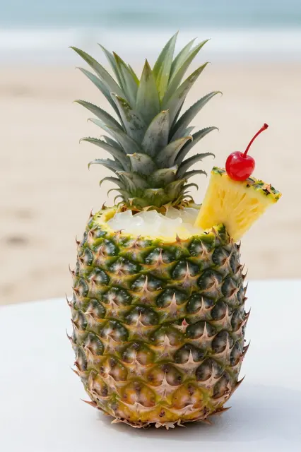 A pina colada served in a hollowed pineapple with fruit garnish sits on a beachside table