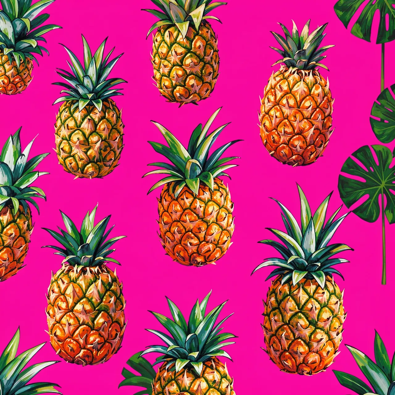 Hand-painted pineapples and monstera leaves arranged on a bright hot pink background for a bold tropical print