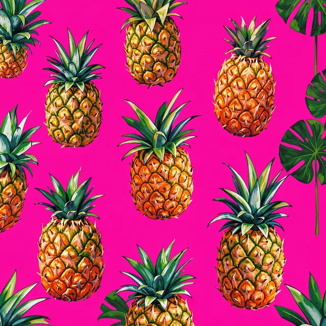 Hand-painted pineapples and monstera leaves arranged on a bright hot pink background for a bold tropical print