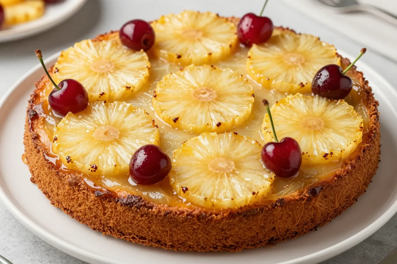 A whole pineapple upside-down cake topped with pineapple rings and glacé cherries sits on a white plate.