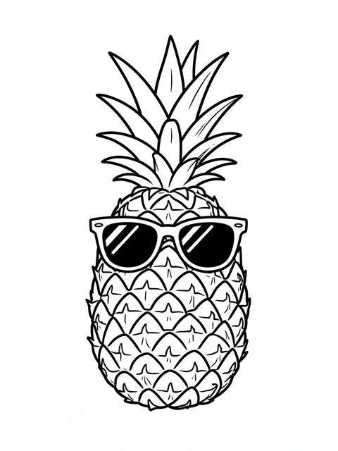 Simple bold black line art of a pineapple wearing sunglasses on a plain white background