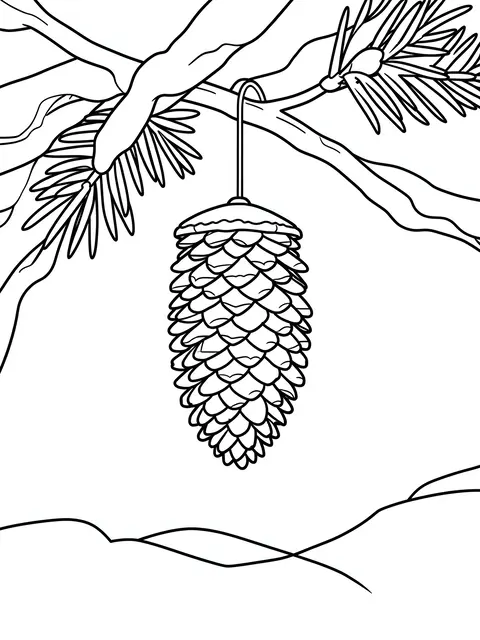 Bold black line art of a hanging pinecone bird feeder attached to a pine branch on a white background