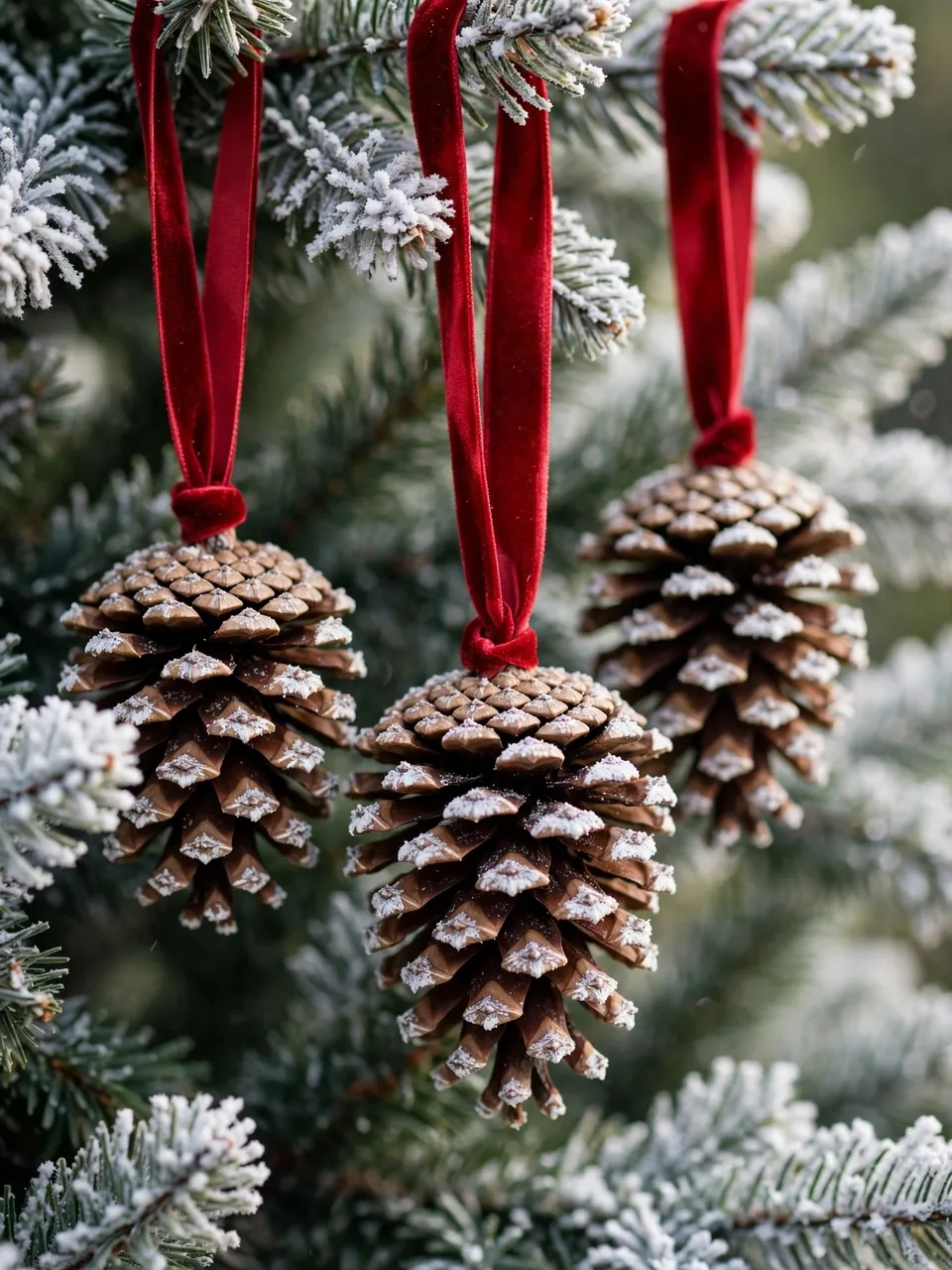Three frosted pinecone ornaments hang from red velvet ribbons on a flocked evergreen Christmas tree