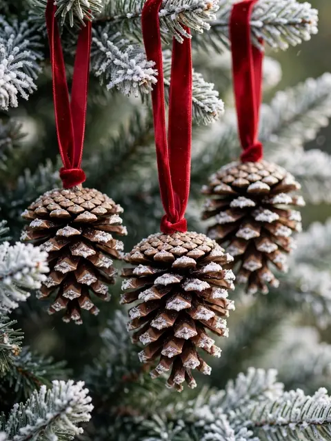 Three frosted pinecone ornaments hang from red velvet ribbons on a flocked evergreen Christmas tree