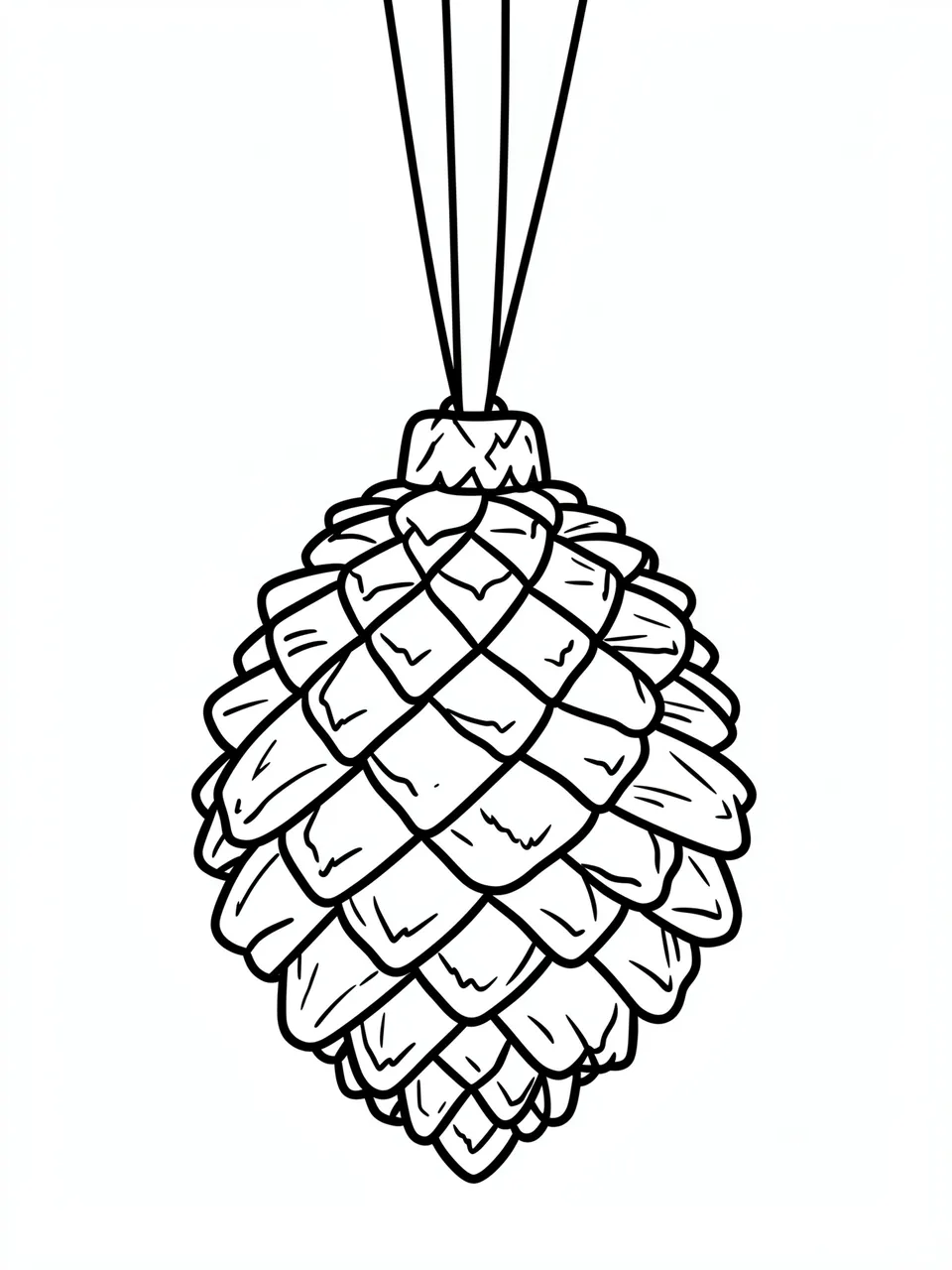Simple bold black line drawing of a hanging pinecone ornament on a plain white background