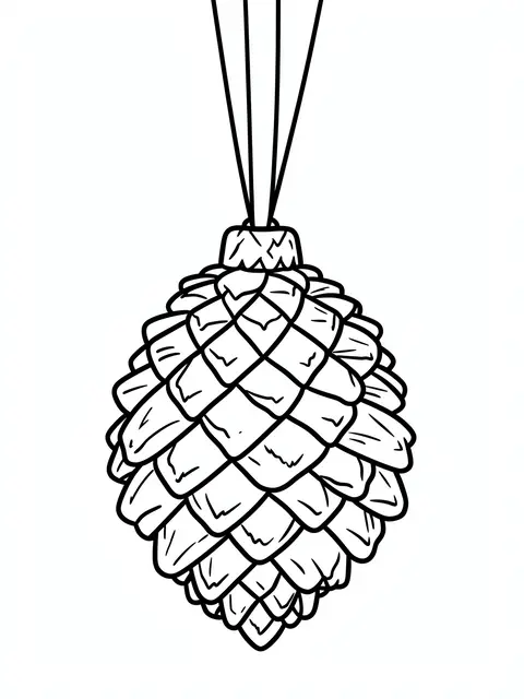 Simple bold black line drawing of a hanging pinecone ornament on a plain white background