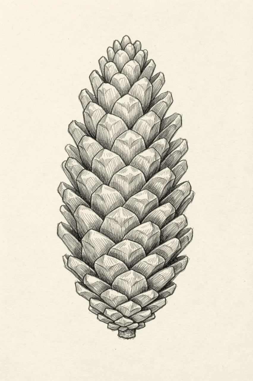 Detailed graphite pencil sketch of an upright pinecone on plain cream paper
