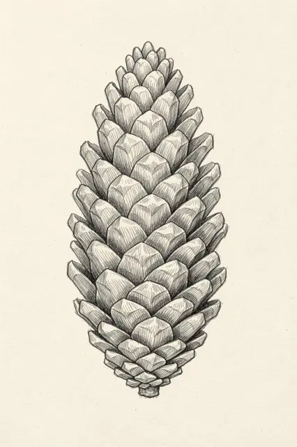 Detailed graphite pencil sketch of an upright pinecone on plain cream paper