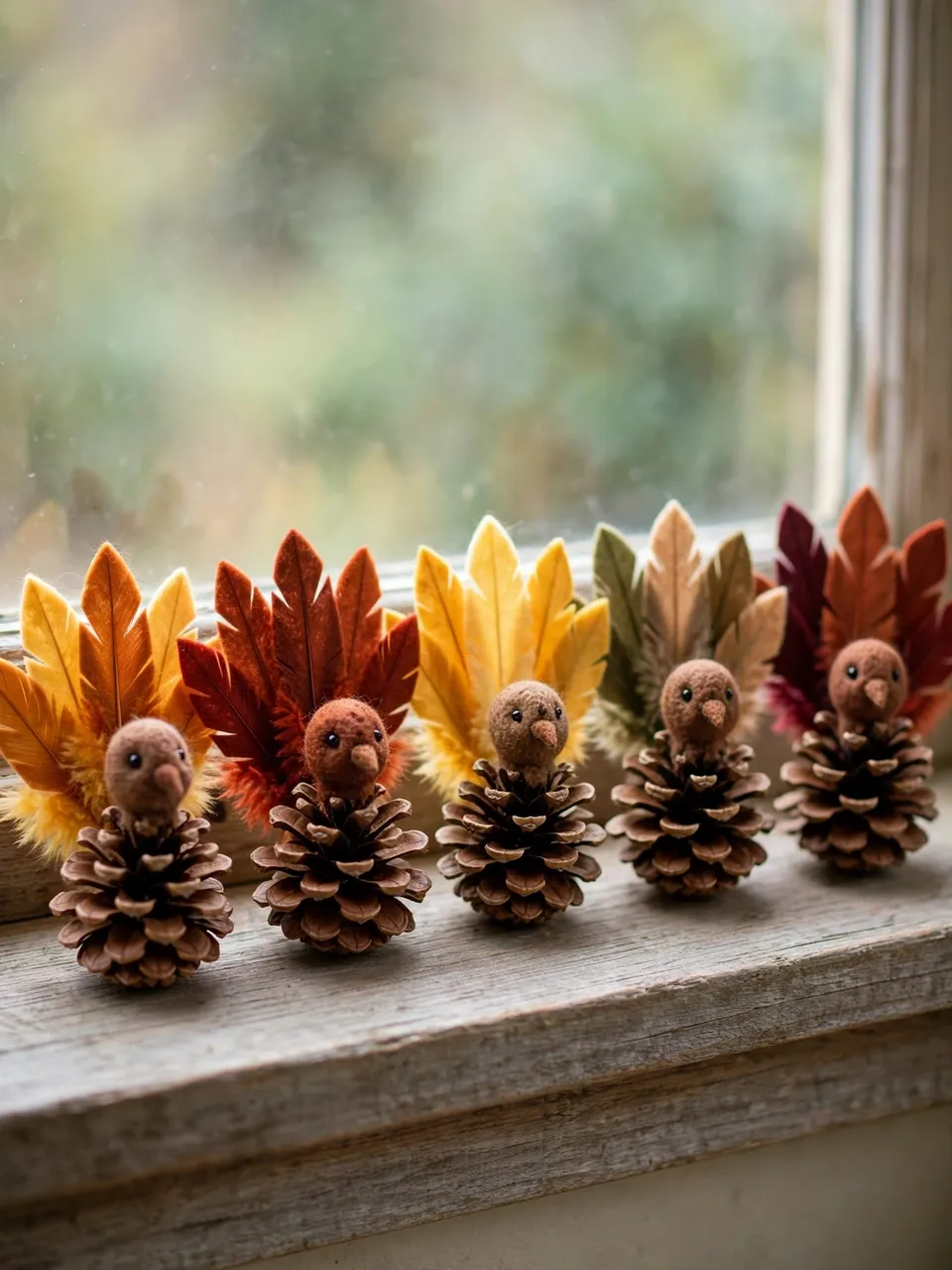 Five handmade pinecone turkey crafts lined up on a weathered wooden windowsill in soft daylight