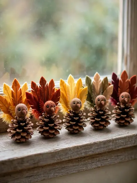 Five handmade pinecone turkey crafts lined up on a weathered wooden windowsill in soft daylight