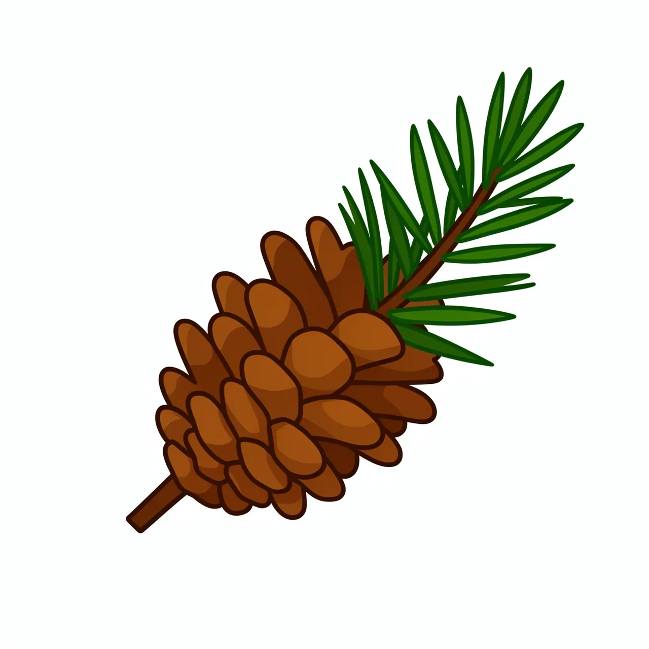 Flat illustration of a brown pinecone attached to a sprig of green fir needles on a plain white background