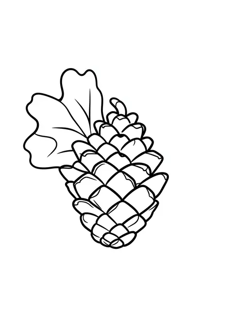 Black and white bold line art of a pinecone with an oak leaf on a plain white background