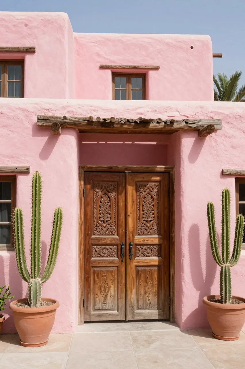 Pink stucco adobe home with carved wooden entry doors and potted cacti under bright midday sun