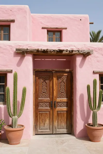 Pink stucco adobe home with carved wooden entry doors and potted cacti under bright midday sun