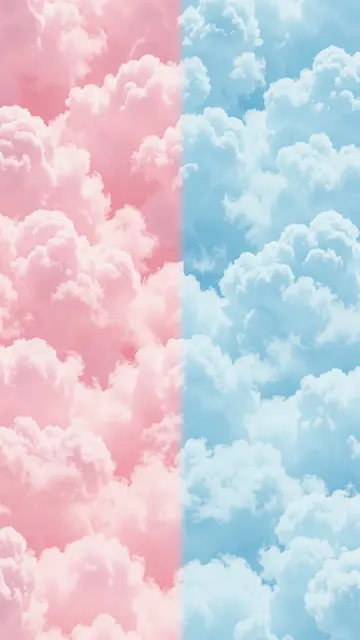 Vertical split background of pastel pink clouds on the left and powder blue clouds on the right with empty central copy space