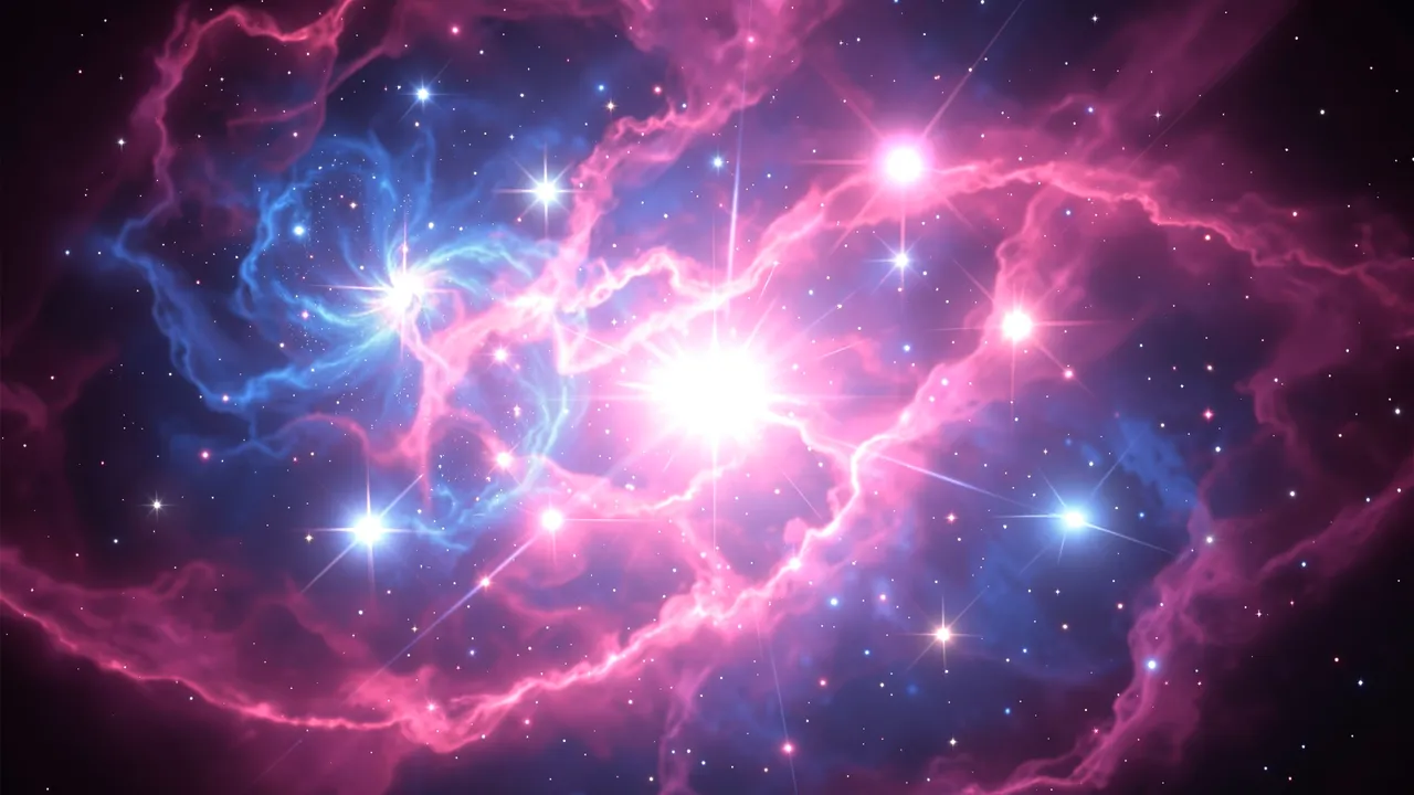 Glowing pink and blue nebula swirls around bright young stars set against dark deep space