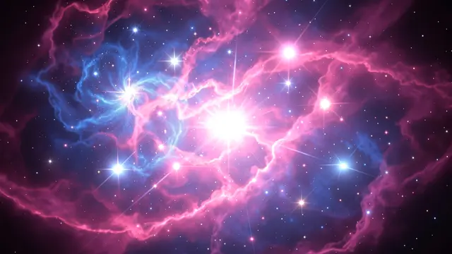 Glowing pink and blue nebula swirls around bright young stars set against dark deep space