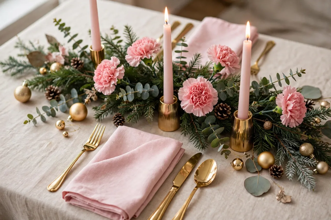 Festive Christmas table setting with blush napkins, gold cutlery, pink carnations and lit taper candles