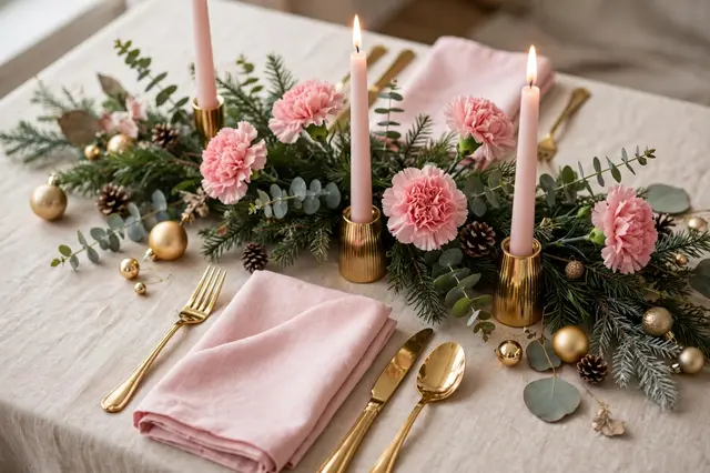 Festive Christmas table setting with blush napkins, gold cutlery, pink carnations and lit taper candles