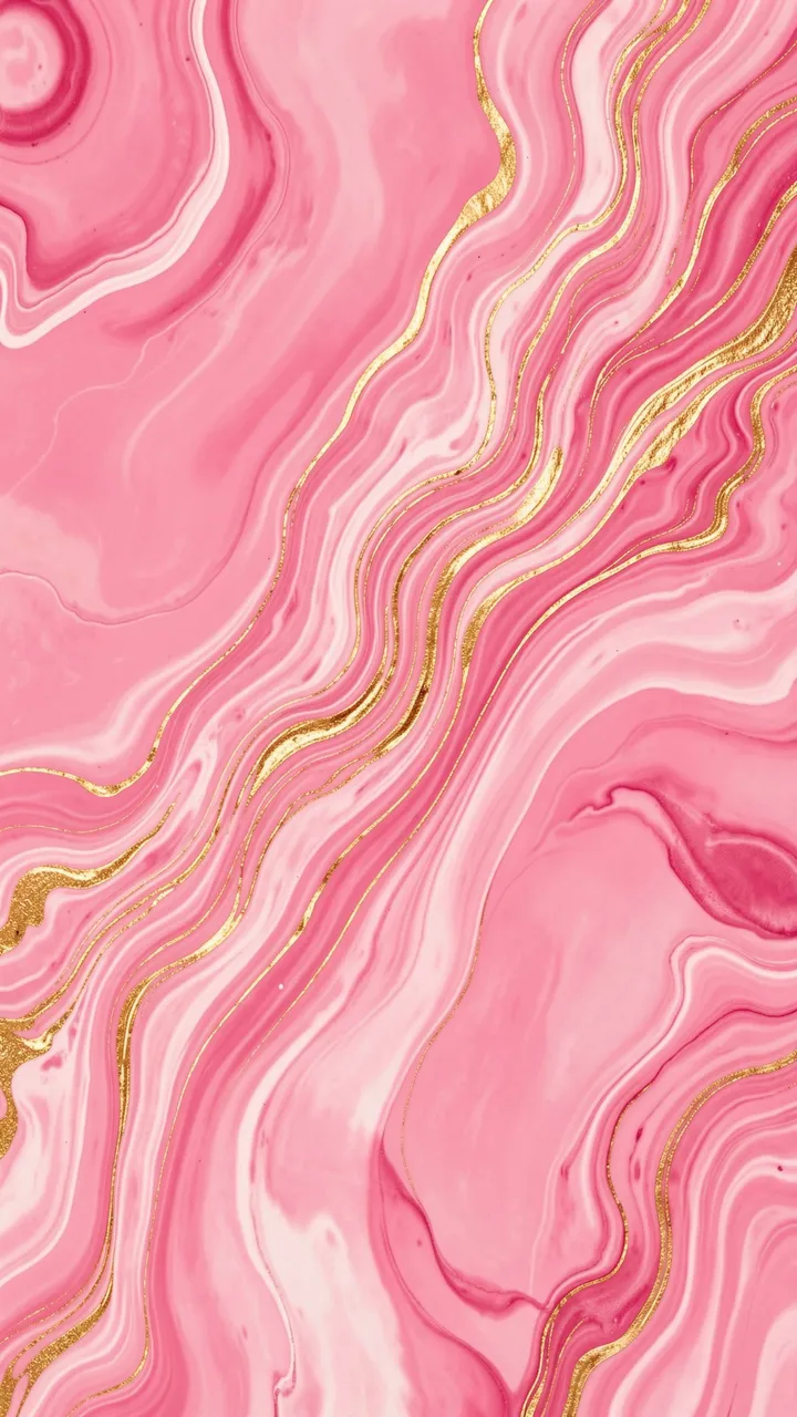 Vertical swirling abstract fluid art with soft pink tones and wavy metallic gold veins