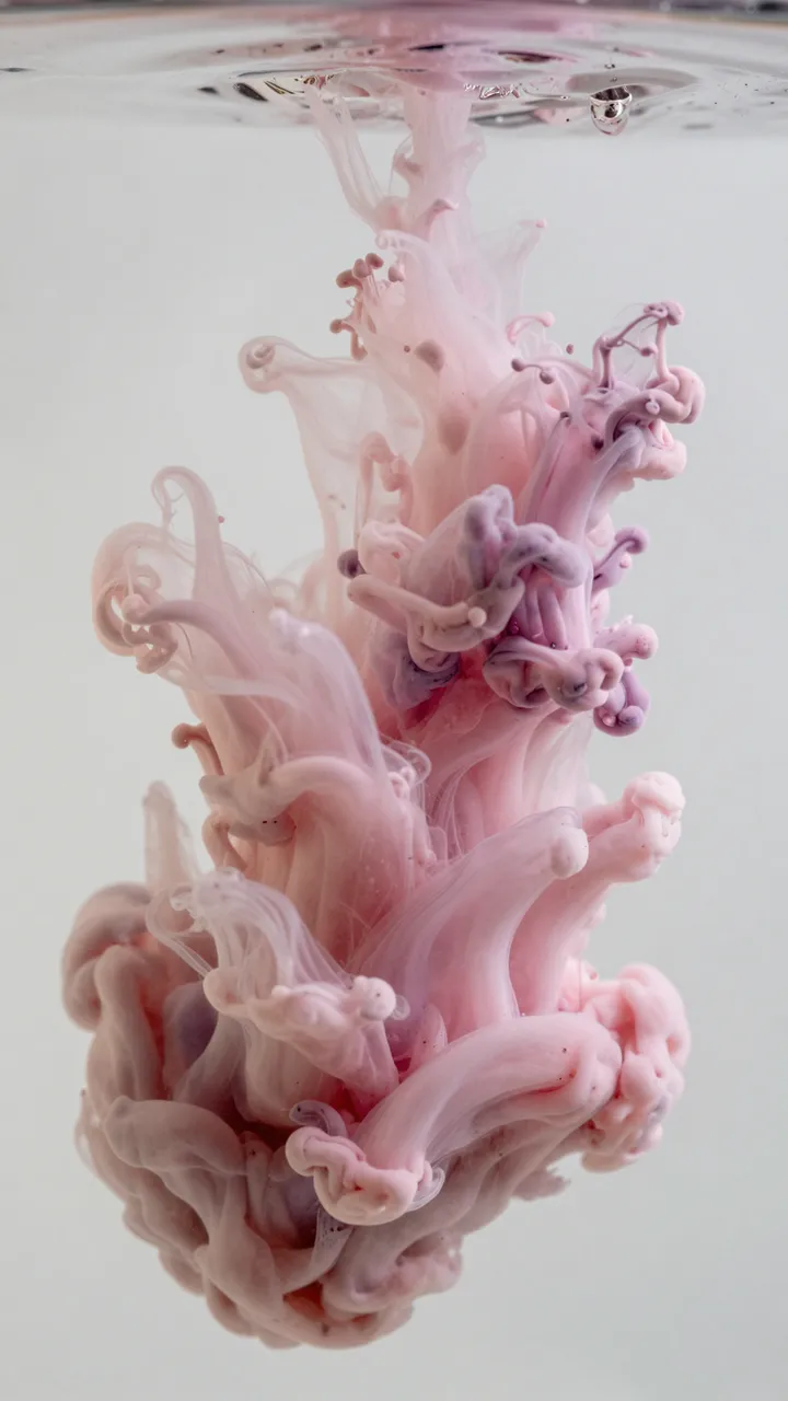 Soft swirling pale pink and plum ink drifts downward through clear water in delicate layered formations