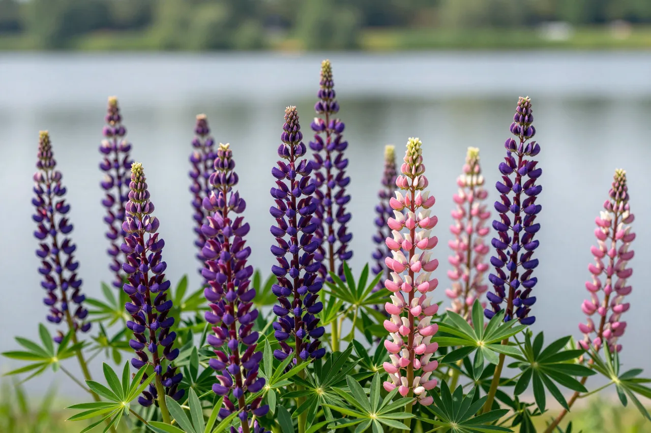 Purple and pink lupine flower spikes grow along the calm edge of a lake shore