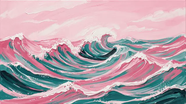 Thick impasto dutch pour painting of rolling pink and teal sea waves under a soft pink sky