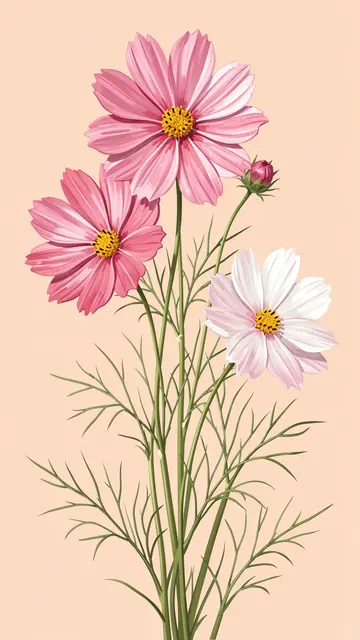 Bouquet of pink and white cosmos flowers with feathery green stems against a pale peach background