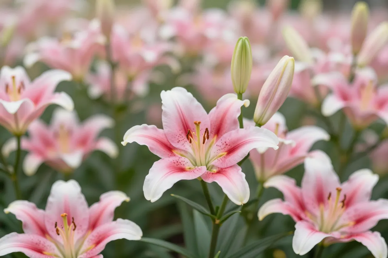 Sharp foreground pink and white stargazer lilies with soft blurred lily blooms filling the background