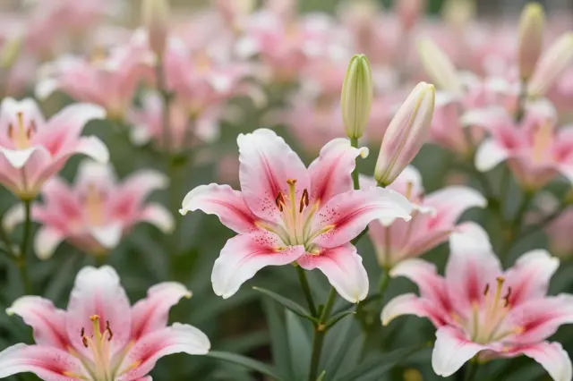 Sharp foreground pink and white stargazer lilies with soft blurred lily blooms filling the background