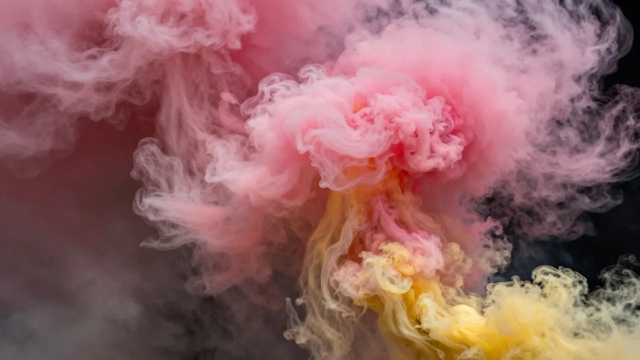 Wispy hot pink and yellow billowing smoke drifts and swirls against a deep black background