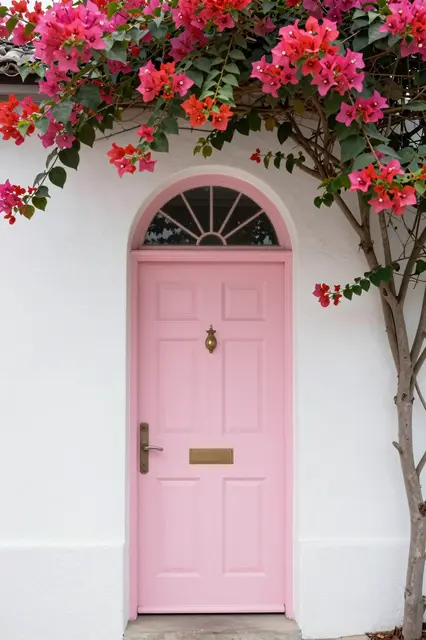 Pastel pink arched front door set in a whitewashed wall draped with blooming pink bougainvillea