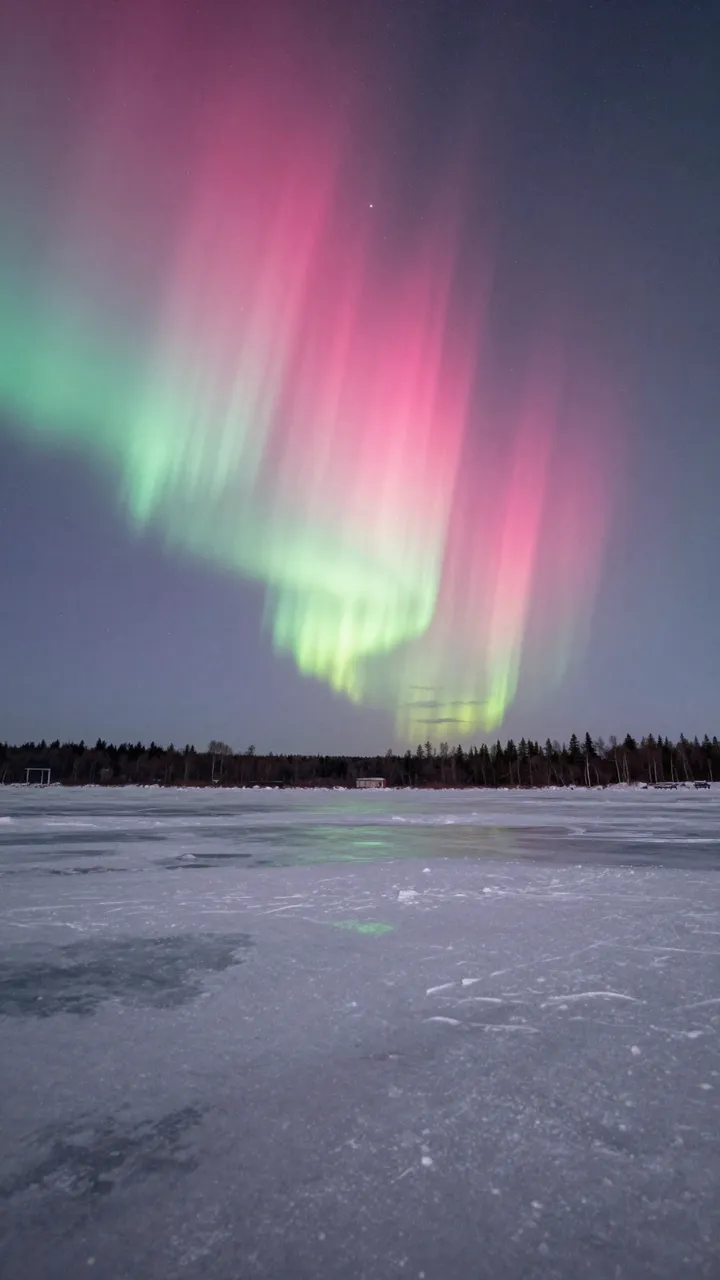 Vibrant pink and green aurora borealis streaks across the night sky above a frozen lake