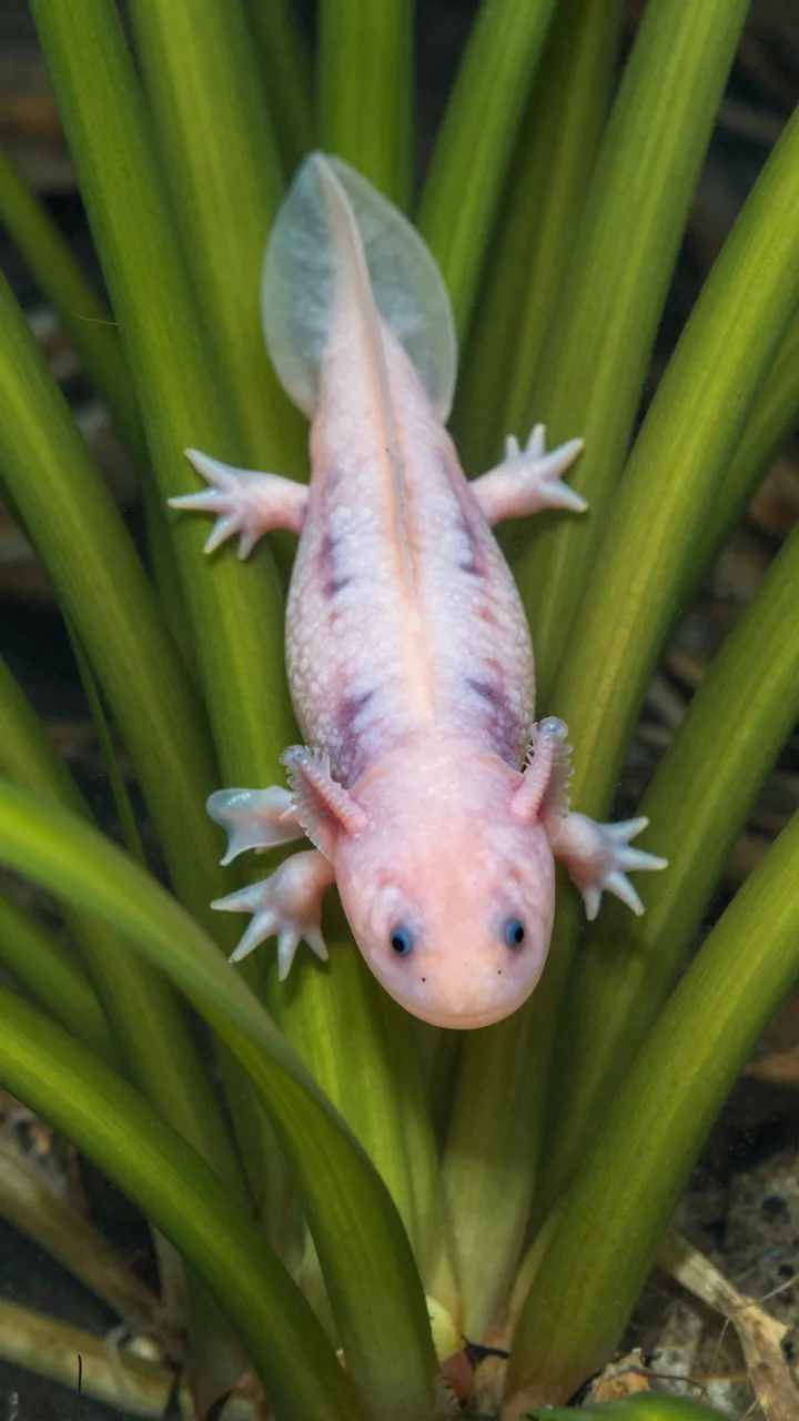 A pale pink axolotl rests among tall green underwater plant stems in clear water.