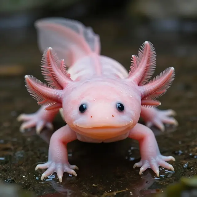 A pale pink axolotl faces the camera with spread feathery gills resting on dark wet substrate